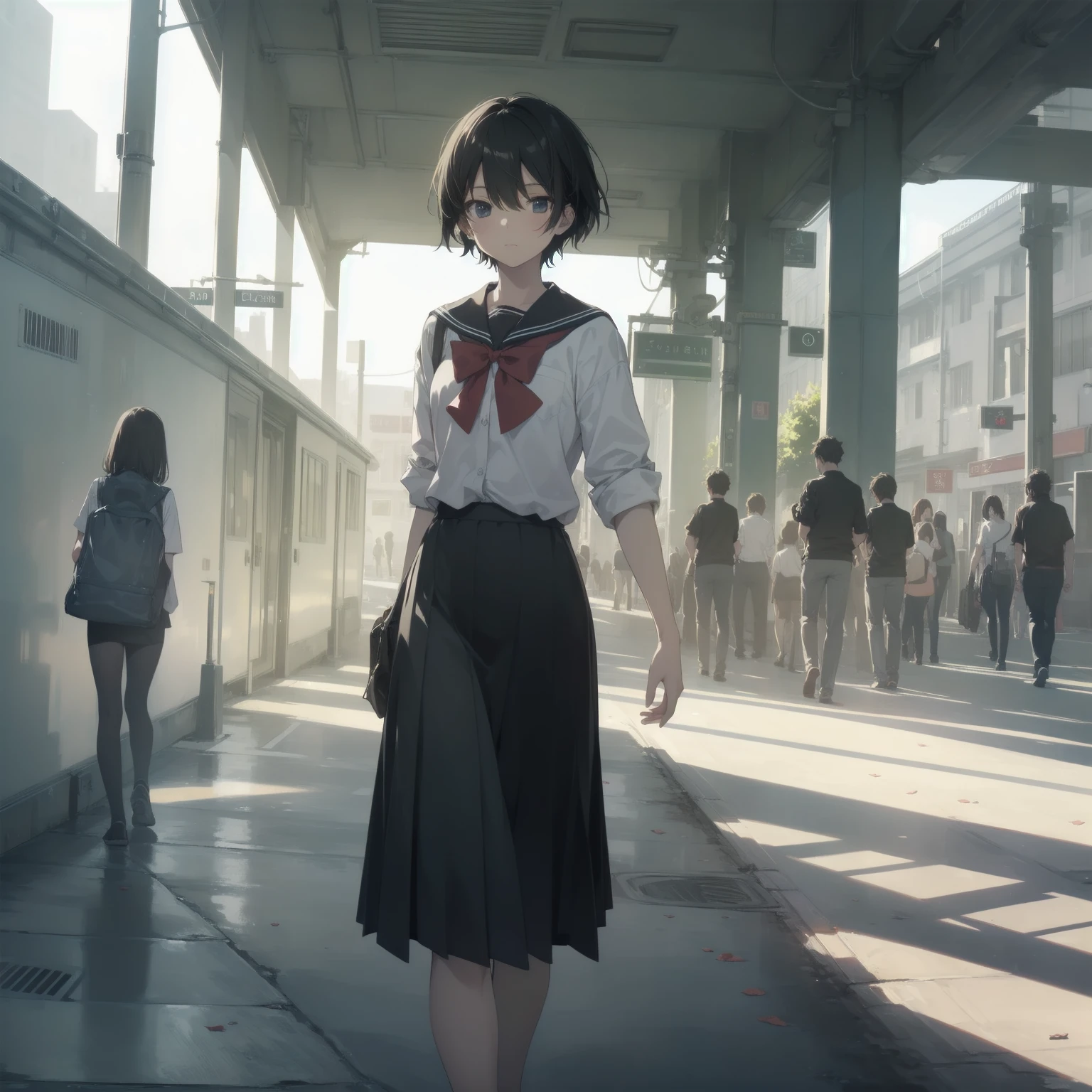 ultra-absurdres-Top quality by artist God, ultra-detailed, high resolution, anime moe artstyle, best anime 8k konachan wallpaper, pixiv contest winner, pool:2810, perfect ???????,break, 1girl, (Please draw a girl walking sleepily to school alone. )break,(Solo,little female, 13-year-old:1.3),Full limbs, complete fingers,a junior high school student, (very short hair), short cut, flat chest, , small butt, small black eyes, beautiful detailed eyes, well-proportioned iris and pupils, expressive eyes, highres detailed hair, soft expression, salor school_uniform, sailor collar, serahuku, bow, pleated skirt,(Detailed Lighting), (Detailed background), in the School commute route. break,super detailed skin, Best cinematic lighting powered by famous artist, 8k,beauty illustration,photoshop_(medium),very aesthetic,break,((artist:sincos )), artist:clamp ,artist:carnelian ,artist:kantoku ,