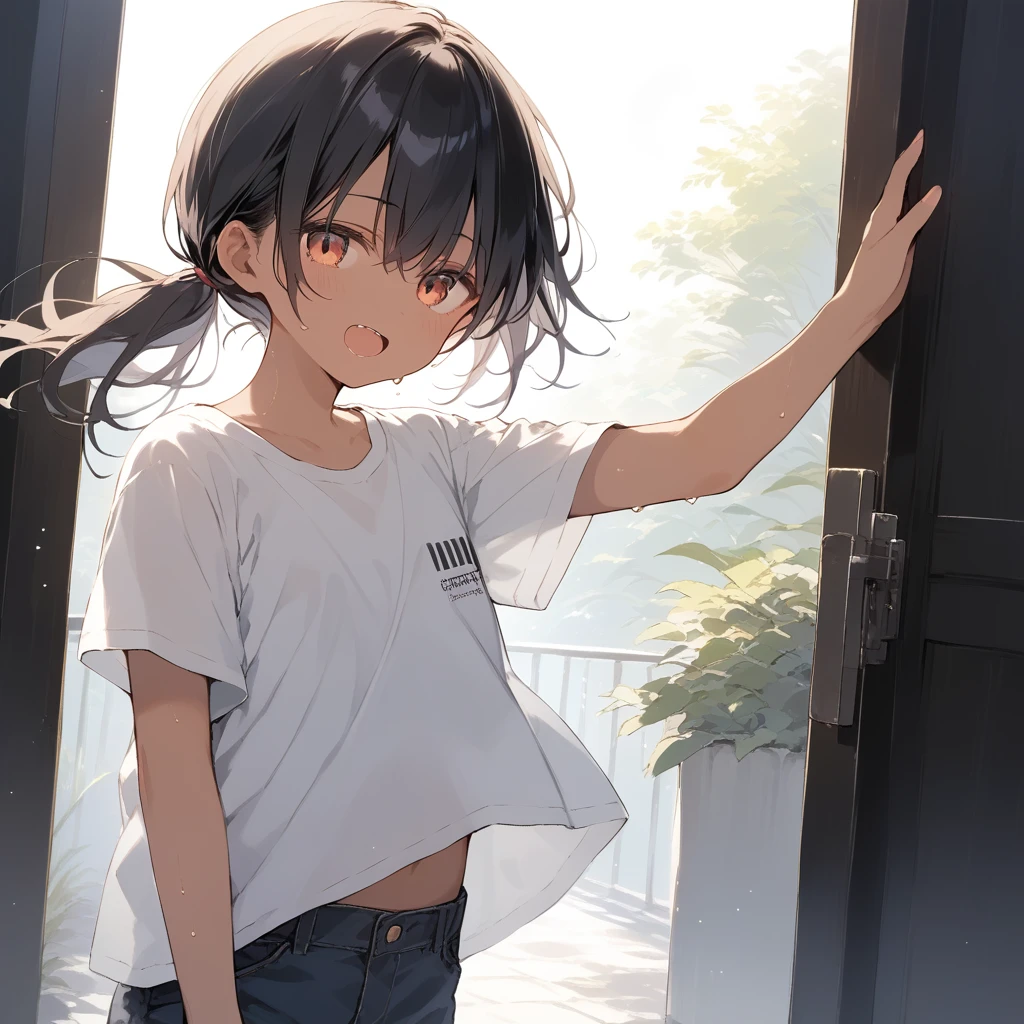 score_9, score_8_up, score_7_up, source_anime, best quality, masterpiece, official art, absurdres, highres, ultra-detailed,waifu2x,Collection: Slice of Life,break,1girl, tomboy, dark-skinned female, short hair, low ponytail, flat chest, beautiful detailed eyes, short shorts, sweat, open mouth, (yawn:0.3), sleepily, outdoors, wind, break,(clear line illustration:1.2),very high resolution, very aesthetic, super detailed skin, Best sexual lighting powered by famous artist, 8k,cute picture,beauty illustration,photoshop_(medium),,(Detailed Lighting),best anime 8k konachan wallpaper, pixiv contest winner, 