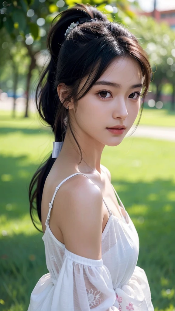dress,outdoors,Urban Park,On the lawn,One woman,close up face,fully body photo,masutepiece, The highest image quality, High quality, the background is clear,Beautiful woman, Japanese, Detailed, Ultra-detailed, finely detail, hight resolution, 8K Wallpaper, Perfect dynamic composition, Beautiful detailed eyes ,Detailed eyes, Detailed skin, Beautiful skin, 超hight resolution, (reality: 1.4),Very beautiful woman, Slightly younger face, Beautiful skin, slender, (Ultra photo realsisim), (hight resolution), (8K), (Very detailed) (beautifully detailed eyes), (super detailed), (Detailed face), view the viewer, Fine details, Detailed face, Staring straight ahead, Staring straight ahead, photos realistic, Bright lighting, Professional Lighting, Black hair,poneyTail,a baby face,sixteen years old,Hairstyle: ponytail,Long ponytail hairstyle,slight smile,
