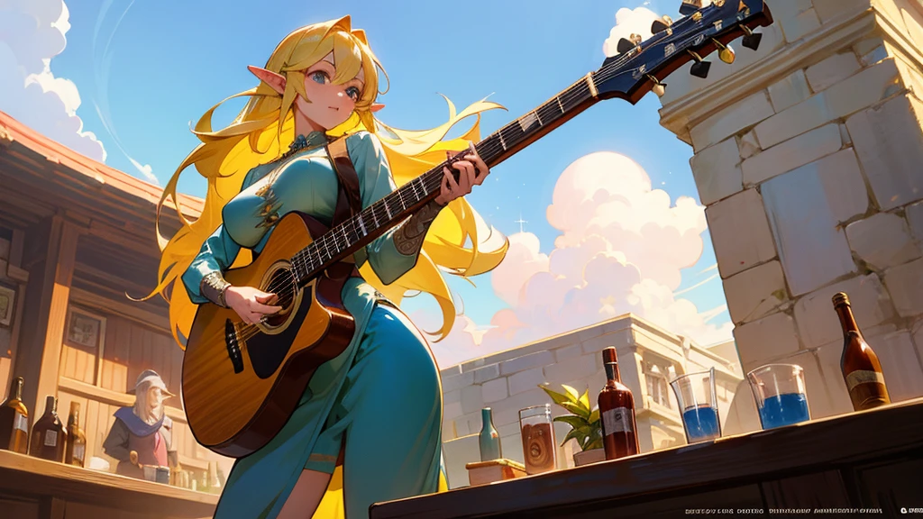Anime Style,Nostalgic,Detailed background,The medieval world,A lively bar with lots of people,Beautiful sky,Beautiful Elf Bard,guitar,Large Breasts,Healthy thighs