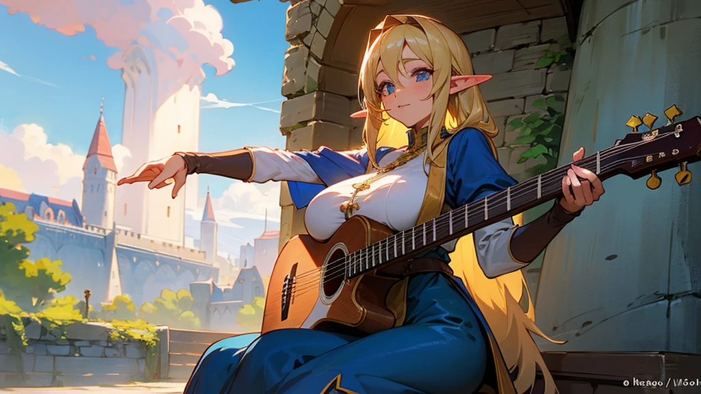 Anime Style,Nostalgic,Detailed background,The medieval world,A lively bar with lots of people,Beautiful sky,Beautiful Elf Bard,guitar,Large Breasts,Protruding buttocks