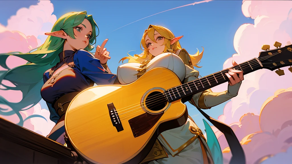 Anime Style,Nostalgic,Detailed background,The medieval world,A lively bar with lots of people,Beautiful sky,Beautiful Elf Bard,guitar,Large Breasts,Protruding buttocks