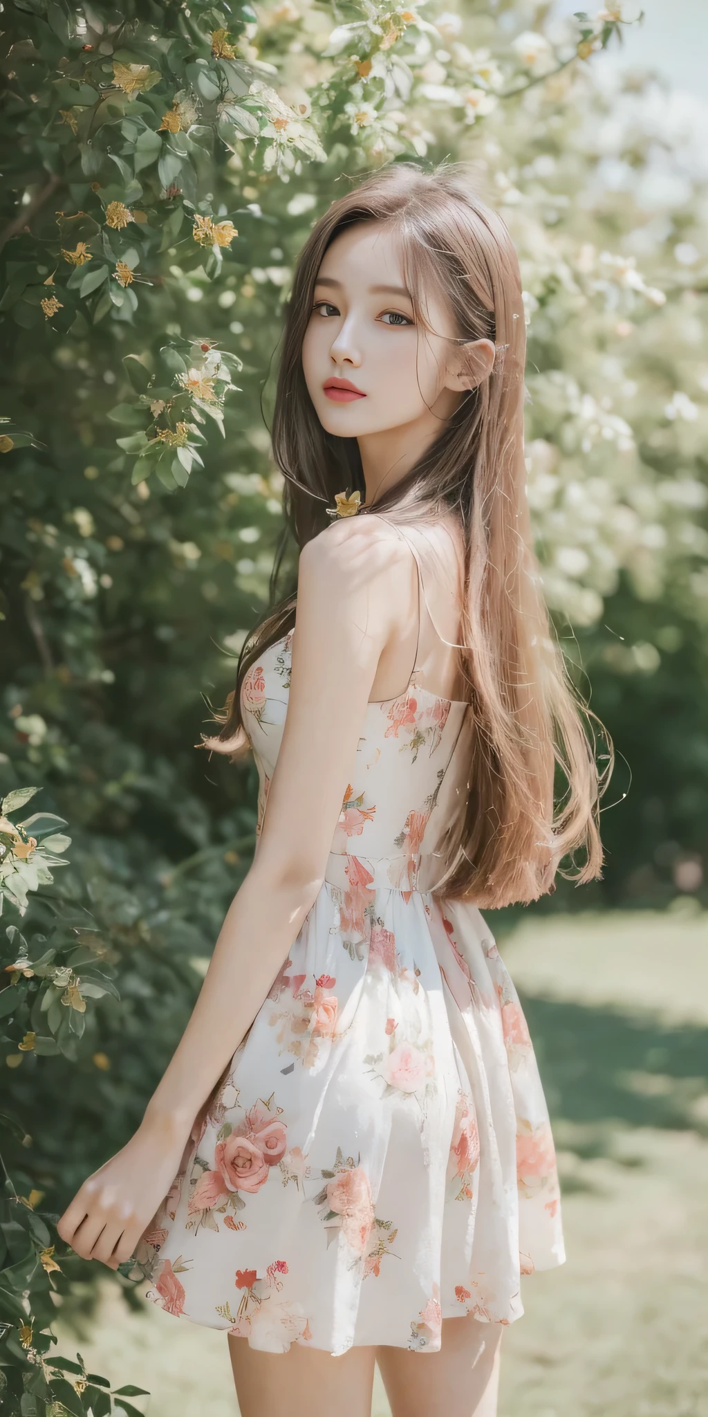 ((Best Quality, 8K, Masterpiece: 1.3)), 1girl, Slender Beauty: 1.3, (Long hair: 1.2), Floral dress, Long legs: 1.1, Super fine face, Fine eyes, Double eyelids, Outdoor