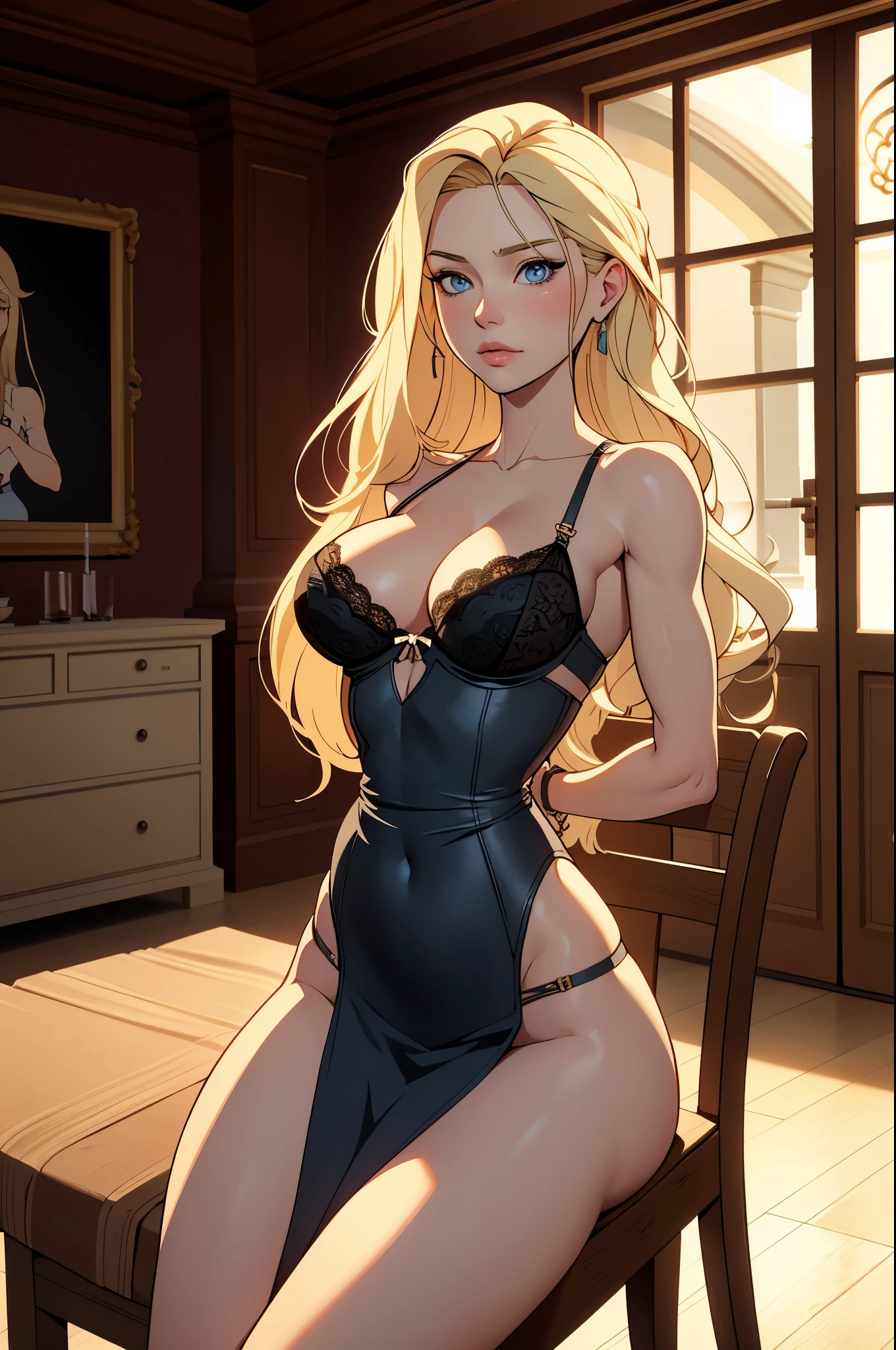 Beautiful 1girl, full body, 25 years old, solo, (very long waist length blonde hair, straight blonde hair: 1.28), ((light blue eyes)), clear skin, shibari, pale skin, medium breasts, on bed, cleavage, (thin hips, thin waist , athletic body: 1.25), ((sitting on chair)), ((rope bondage)), ((arms behind back)), ((fully bound with thick rope)), (restrained tightly), ((helpless)), (wearing lingerie), inasterpiece, best quality,3d rending work ,3DMM style, close-up, portrait, 3D, bdsm