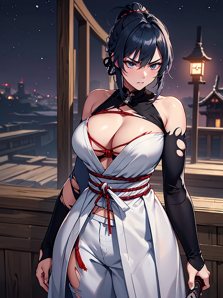 a female samurai, beautiful detailed eyes, beautiful detailed lips, extremely detailed face, long eyelashes,hyper realistic lighting,(super detailed:1.3),((best quality:1.2)),((masterpiece:1.2)),female focus,lonely beauty,(nighttime:1.6),(standing in a medieval europe castletown),cowboy shot,cleavage,((chest shibari:1.125)),topknot,muted dark blue hair:1.1,(white samurai coat),(black samurai pants:1.3),(angry:1.05),(wearing one sleeve),(torn sleeve:1.45),(katana sword on hip:1.06),(torn clothing)
