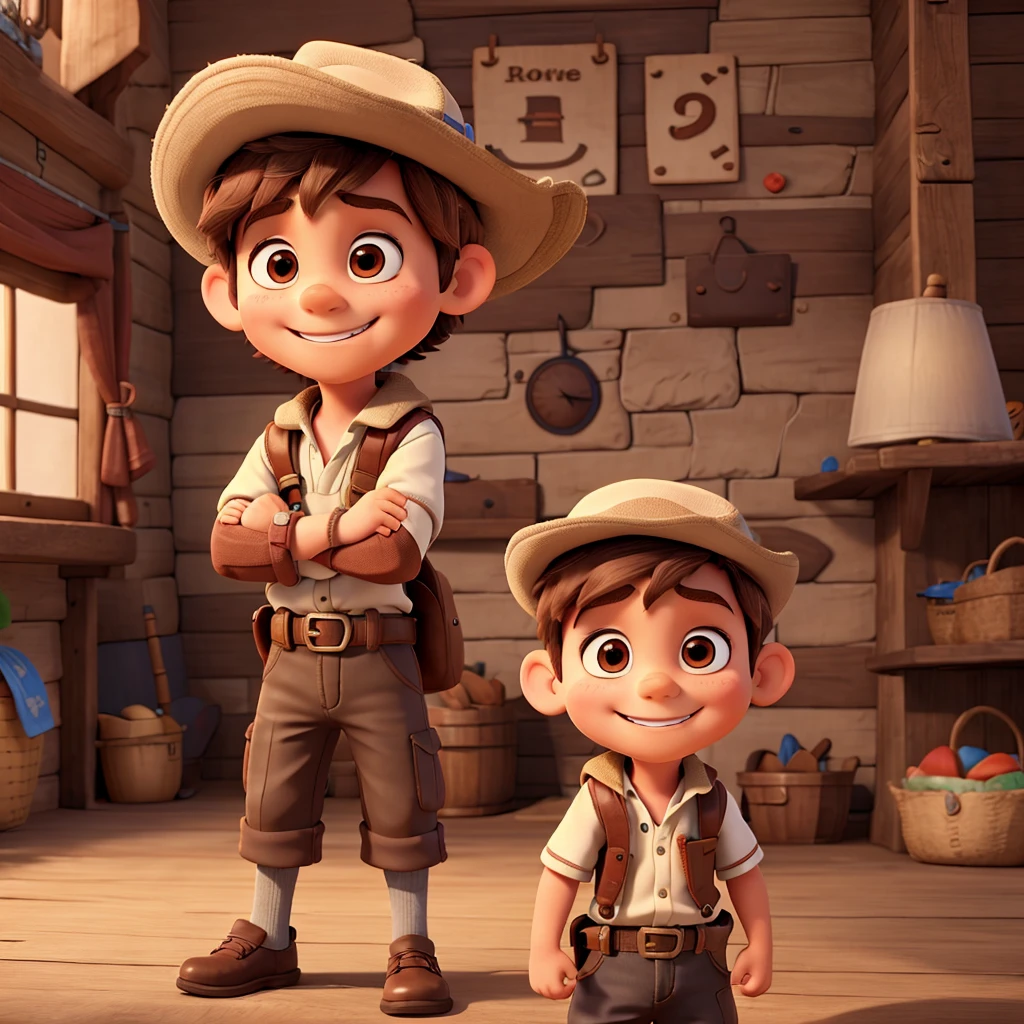 A 5 year old boy with brown hair, wearing adventurer costume with hat, Smiling and with my arms crossed. 8K, UHD and pixar style.
