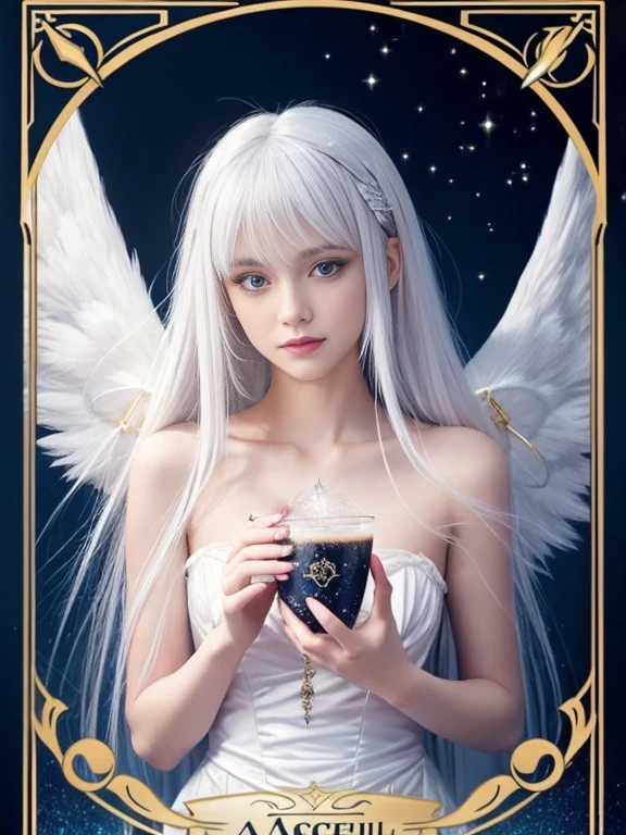 Tarot Cards Angel girl holding the ace of cups white hair Sparkling
