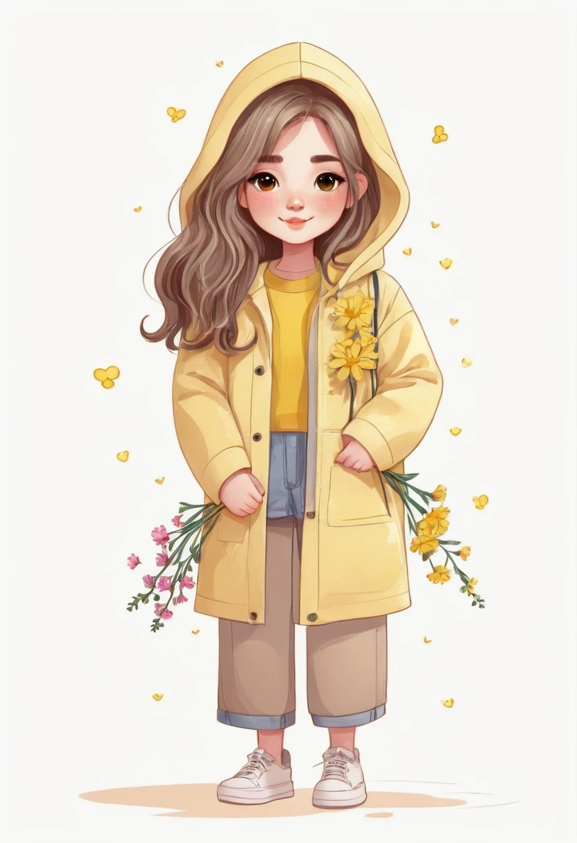 a drawing of a girl with long hair and a coat holding flowers, cute illustration, cute art style, infp girl, beautiful drawing style, wearing a hoodie and flowers, with flowers, wavy hair yellow theme, cute cartoon character, illustration style, cute detailed artwork, cartoon style illustration, girl in raincoat, cute digital art, cute detailed digital art, cute cartoon style