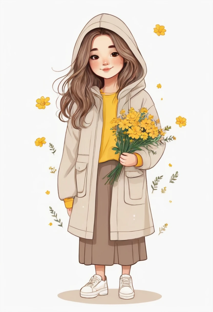 a drawing of a girl with long hair and a coat holding flowers, cute illustration, cute art style, infp girl, beautiful drawing style, wearing a hoodie and flowers, with flowers, wavy hair yellow theme, cute cartoon character, illustration style, cute detailed artwork, cartoon style illustration, girl in raincoat, cute digital art, cute detailed digital art, cute cartoon style