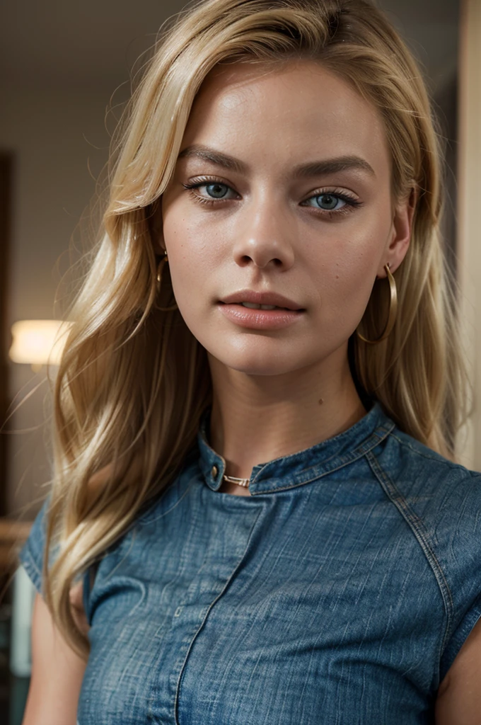 1 beautiful woman, european features, blonde hair, margot robbie lookalike, gorgeous figure, wearing watch, earrings, legs jeans, t-shirt, detailed face, detailed eyes, detailed lips, highly detailed portrait, photorealistic, 8k, hyperrealistic, dramatic lighting, warm color tones, cinematic composition