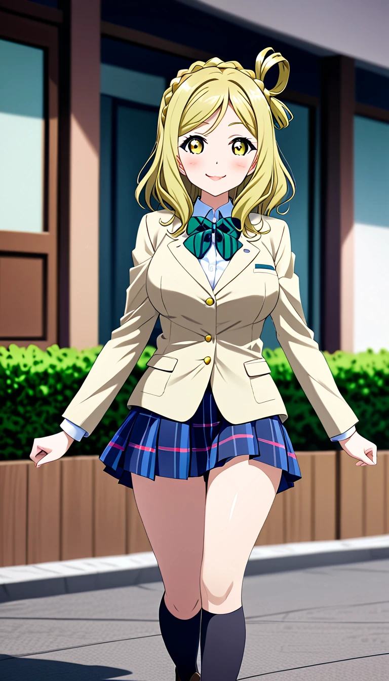 ohara mari, love live! sunshine!, hair rings, blonde hair, yellow eyes, crown braid, medium hair, large breasts , otonokizaka ,winter uniform, green striped bow tie, closed mouth,navy blue blazer, pleated skirt, smile, striped bow, blue striped skirt, blush, plaid skirt, walking,cowboy shot,in school :d, knee high socks,  (1girl), (solo),BREAK score_9, score_8_up, score_7_up, score_6_up, source_anime 