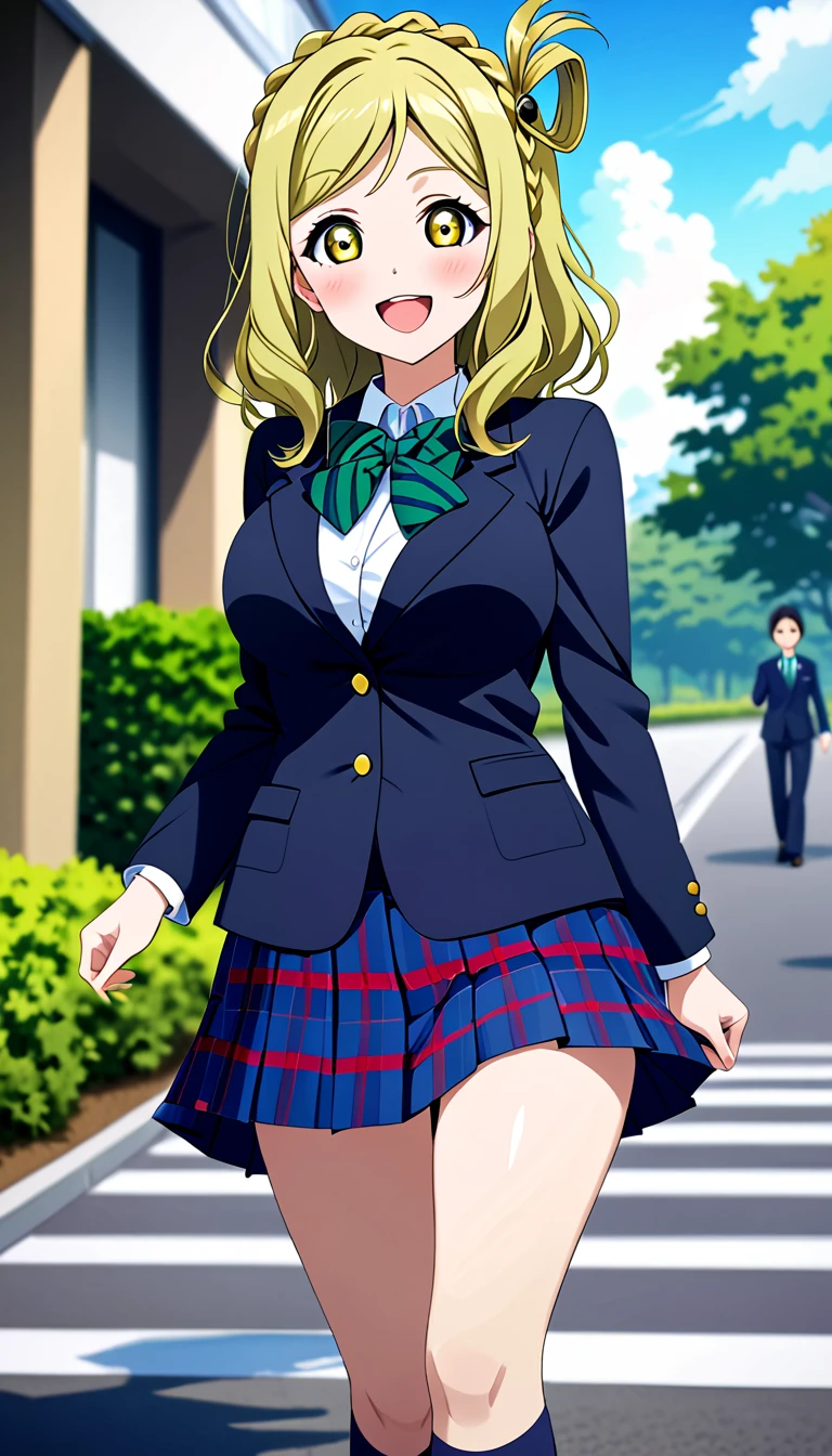 ohara mari, love live! sunshine!, hair rings, blonde hair, yellow eyes, crown braid, medium hair, large breasts , otonokizaka ,winter uniform, green striped bow tie, closed mouth,navy blue blazer, pleated skirt, smile, striped bow, blue striped skirt, blush, plaid skirt, walking,cowboy shot,in school :d, knee high socks,  (1girl), (solo),BREAK score_9, score_8_up, score_7_up, score_6_up, source_anime 