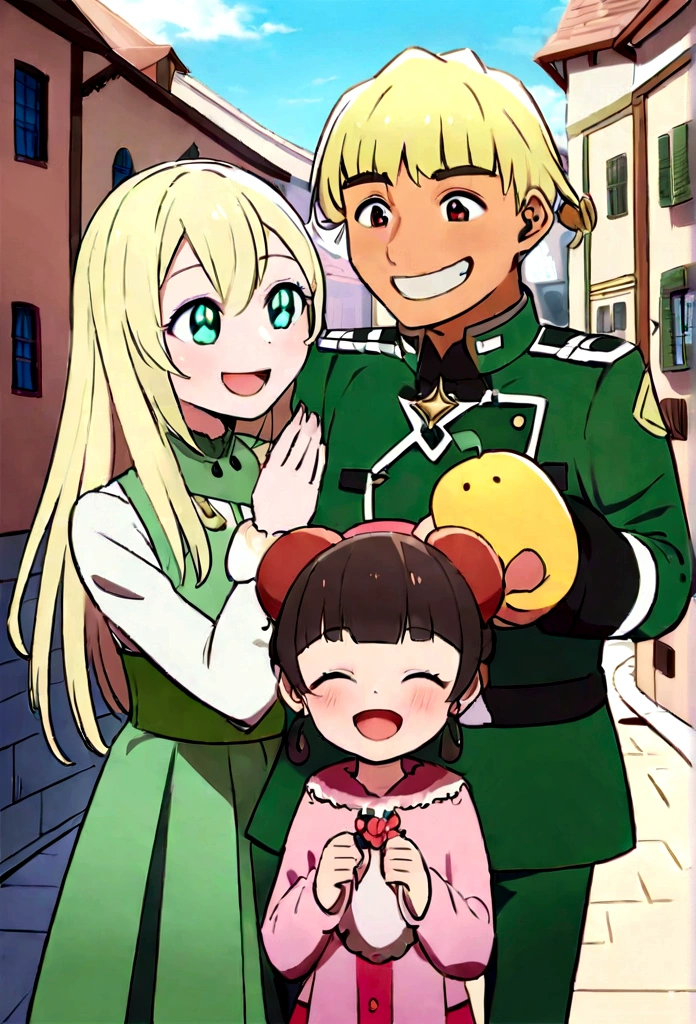 Une illustration d&#39;un adorable couple, Pleins feux sur un homme brun maigre souriant habillé en tenue de militaire et une femme blonde avec de beaux yeux bruns expressifs - la peau de l’homme est légèrement bronzée et les cheveux de l’homme sont rasés, tandis que la peau de la femme est claire et que les cheveux de la femme sont blonds, lisse et en carré. C&#39;est une pièce lumineuse, chacun avec le sourire aux lèvres, et partagez un moment privilégié empreint d&#39;amour, Connaissances. Illustrez cette scène d&#39;un point de vue où ils font face à la caméra, Sourire et montrer votre connexion. Développez cet art en Full HD, Concentrez-vous sur votre touche cinématographique, Style d&#39;animations Disney Pixar
