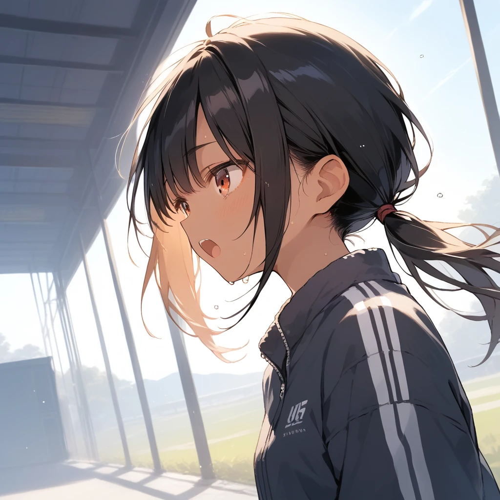 score_9, score_8_up, score_7_up, source_anime, best quality, masterpiece, official art, absurdres, highres, ultra-detailed,waifu2x,Collection: Slice of Life,break,1girl, tomboy, dark-skinned female, short hair, low ponytail, flat chest, beautiful detailed eyes, track suit, bike shorts, sweat, open mouth, (yawn:0.3), sleepily, outdoors, wind, break,(clear line illustration:1.2),very high resolution, very aesthetic, super detailed skin, Best sexual lighting powered by famous artist, 8k,cute picture,beauty illustration,photoshop_(medium),,(Detailed Lighting),best anime 8k konachan wallpaper, pixiv contest winner,