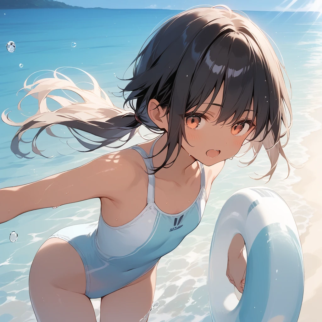 score_9, score_8_up, score_7_up, source_anime, best quality, masterpiece, official art, absurdres, highres, ultra-detailed,waifu2x,Collection: Slice of Life,break,1girl, tomboy, dark-skinned female, short hair, low ponytail, flat chest, beautiful detailed eyes, swimsuit, sweat, open mouth, (yawn:0.3), sleepily, ocean, outdoors, wind, break,(clear line illustration:1.2),very high resolution, very aesthetic, super detailed skin, Best sexual lighting powered by famous artist, 8k,cute picture,beauty illustration,photoshop_(medium),,(Detailed Lighting),best anime 8k konachan wallpaper, pixiv contest winner,