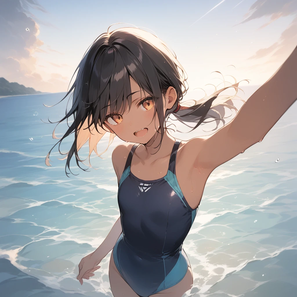 score_9, score_8_up, score_7_up, source_anime, best quality, masterpiece, official art, absurdres, highres, ultra-detailed,waifu2x,Collection: Slice of Life,break,1girl, tomboy, dark-skinned female, short hair, low ponytail, flat chest, beautiful detailed eyes, swimsuit, sweat, open mouth, (yawn:0.3), sleepily, ocean, outdoors, wind, break,(clear line illustration:1.2),very high resolution, very aesthetic, super detailed skin, Best sexual lighting powered by famous artist, 8k,cute picture,beauty illustration,photoshop_(medium),,(Detailed Lighting),best anime 8k konachan wallpaper, pixiv contest winner,