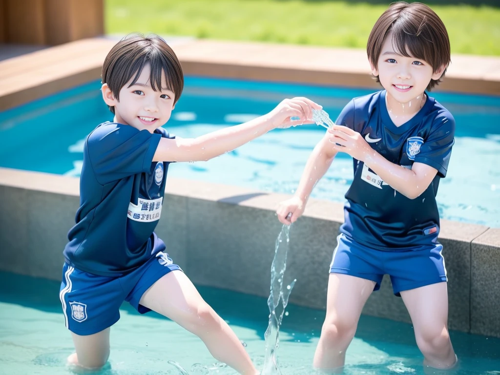 夏休みのprimary school校、Pool、primary school5Grade、Japan Boy、Glowing water splashes、A good boy dripping with water、hot day、Two Boys、Various poses、Short sleeve gym uniform、Blue shorts、physical education、barefoot,(Boy 1.4)、Boys only 、(10Age 1.4)