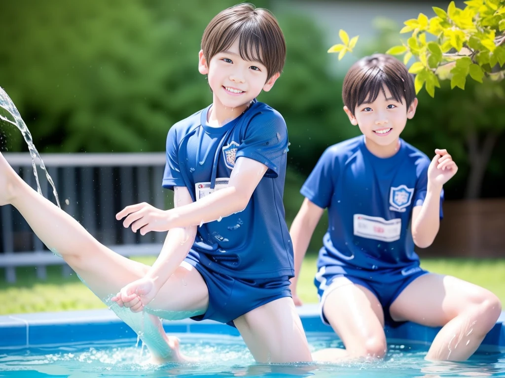 夏休みのprimary school校、Pool、primary school５Grade、Japan Boy、Glowing water splashes、A good boy dripping with water、hot day、Two Boys、Various poses、Short sleeve gym uniform、Blue shorts、physical education、barefoot，（Boy 1.4）、Boys only 、(１０Age 1.４)