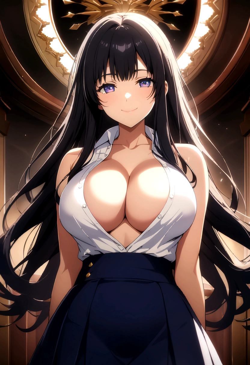 One Woman, Highest quality, masterpiece, Ultra HD, Beautiful breasts, Cleavage, anime, super beautiful, high school girl, Beautiful breasts, Shapely breasts, Upper Body, smile, , Open shirt,  Black Hair, kitamura