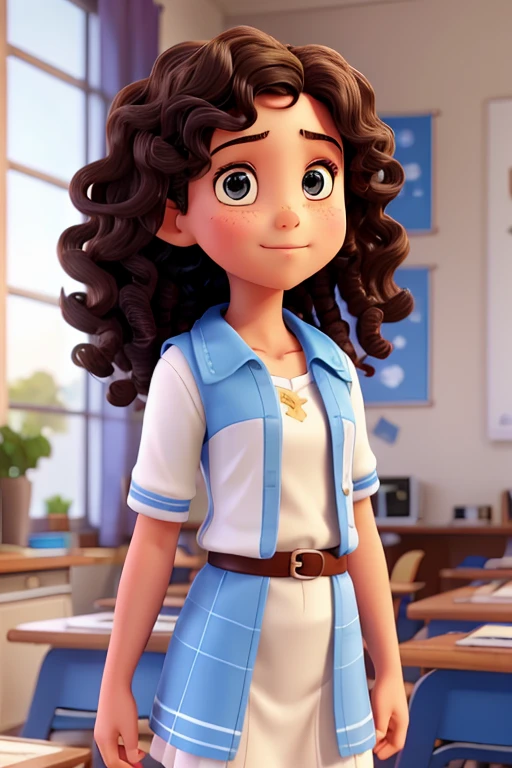 Student girl with curly sidecut hair. With blue and white chothes.