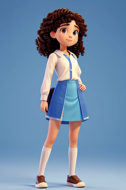 Student girl with curly sidecut hair. With blue and white chothes.