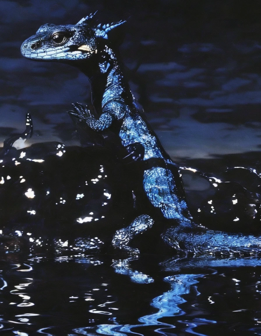 black lizard in black water, blue sunset background