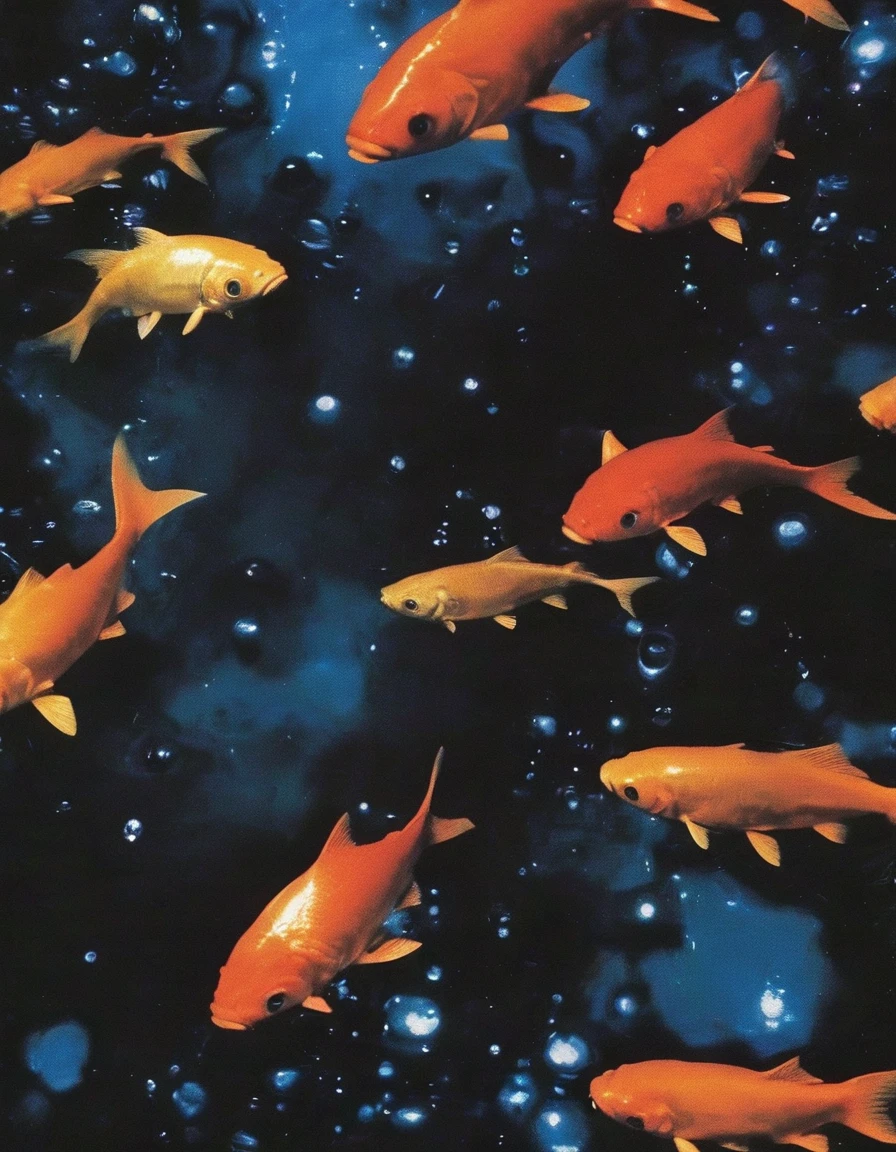mouth with gold fishes in black water