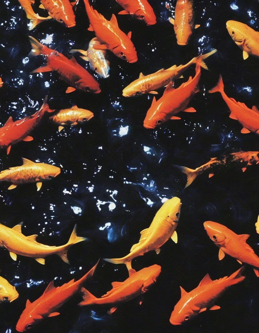 mouth with gold fishes in black water