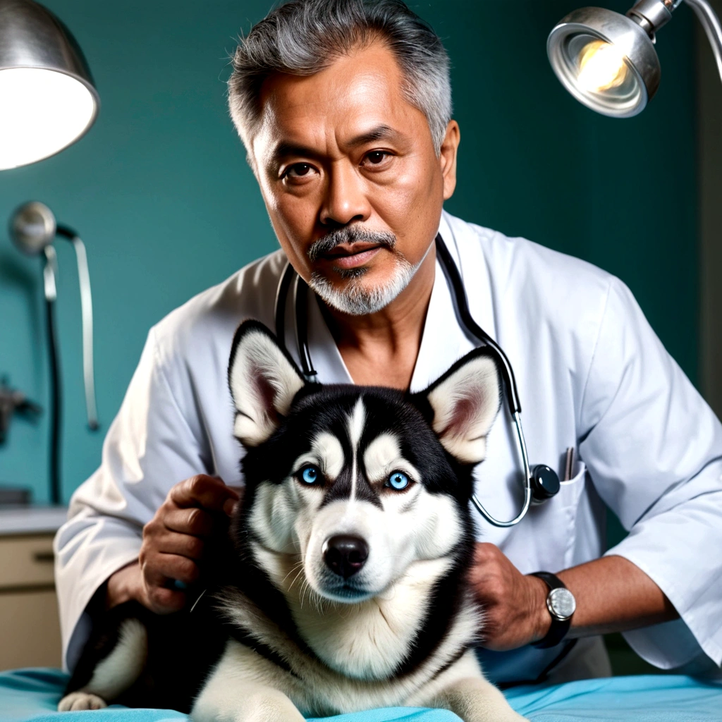 a sixty years man, Indonesian face, veterinarian, facing camera, black-silver hair, short haircut, fashion hair cut, white robe, using a stethoscope to examine a husky in a surgery table fainted, the husky unconscious, the husky strecth down, fantastic photoshot, dramatic angle, extremely detailed, uhd, 8k, dramatic light, blurry background