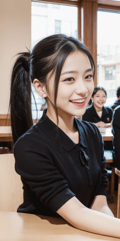 Girl, black hair, older sister, tie her hair in a ponytail and laugh at the speaker, high-quality picture, masterpiece, beautiful girl, cafe,