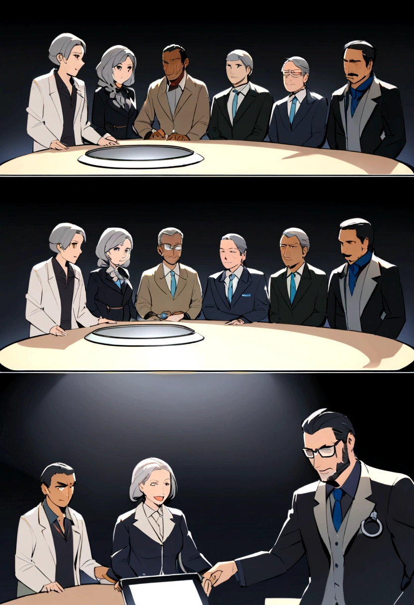 An elegant television studio with modern, futuristic decor, filled with soft lights and a sophisticated atmosphere. In the center of the stage, there is a large round table made of transparent glass, where four professionals are sitting. The presenter is standing next to the table, wearing an elegant suit, with a welcoming smile on his face and a microphone in hand. At the table, three experts in their respective fields sit: Dr. Miguel, a doctor with a white coat and a stethoscope around his neck; an engineer in a dark suit with a tablet in hand; and a scientist with a lab coat and goggles perched on her head. Beside them is Professor Charlotte Miller, a middle-aged woman with well-groomed gray hair, wearing an elegant skirt and blazer set, cutting a respectable and calm figure. The studio background displays high-tech screens showing graphics and images related to nanotechnology, creating an atmosphere of innovation and progress. The facial expressions of those present reflect concentration and interest, while the presenter, with an inviting gesture, directs the first question to Dr. Miguel. The studio audience, partially visible in the shadows, watches intently.