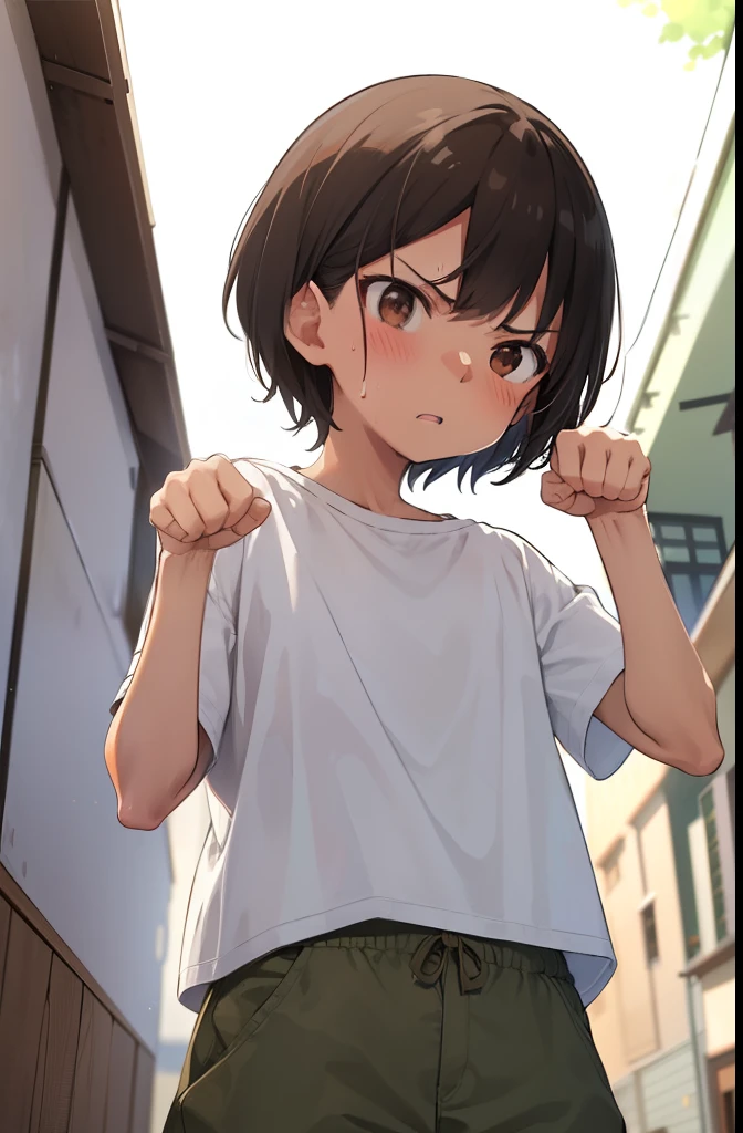 forest,smile,Squat,Cat ear,PAW Pose,close your eyes,1. Small ,short hair,Black Hair,blush,White T-shirt,Olive green shorts,Brown Sandals,White skin,summer,From below,shy,Sweat,Open your mouth wide,sun,Wet,Sweatだく,tooth