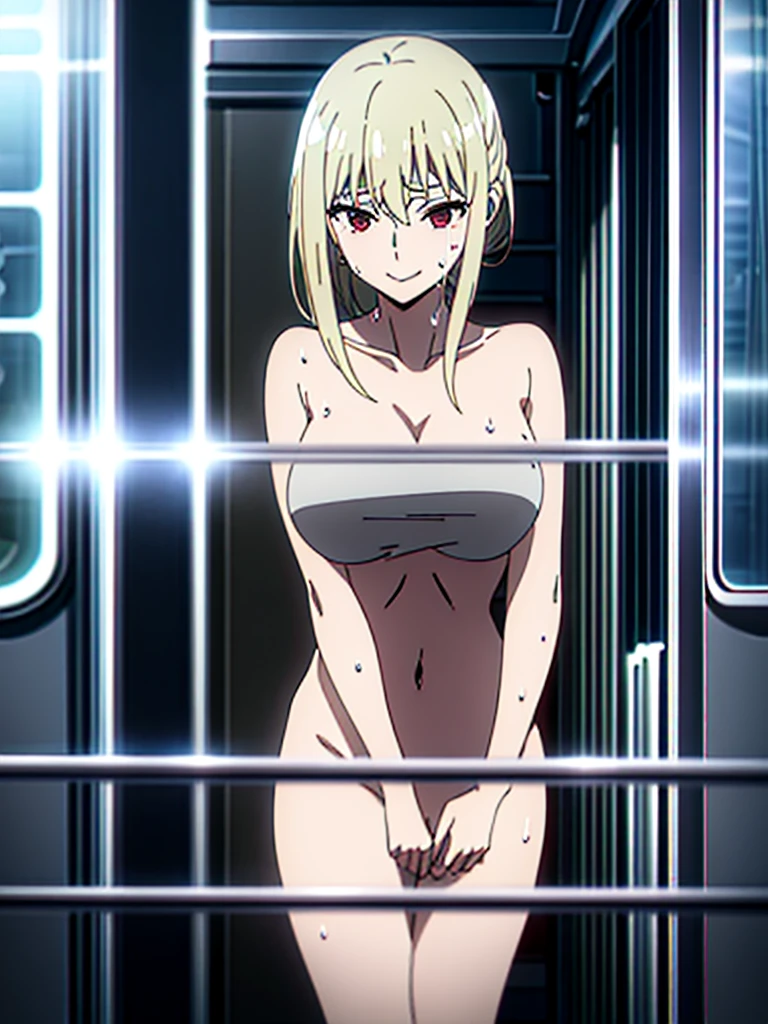 realistic photos, thin makeup, big breasts size, sexy erotic tiny string of G-string lingerie, at the train station, clear facial features of Canon EOS, 16k, high resolution, sharp and realistic details, overexposure, cut-in, UHD, high res, best quality, full body, sweet smile, (sweating)