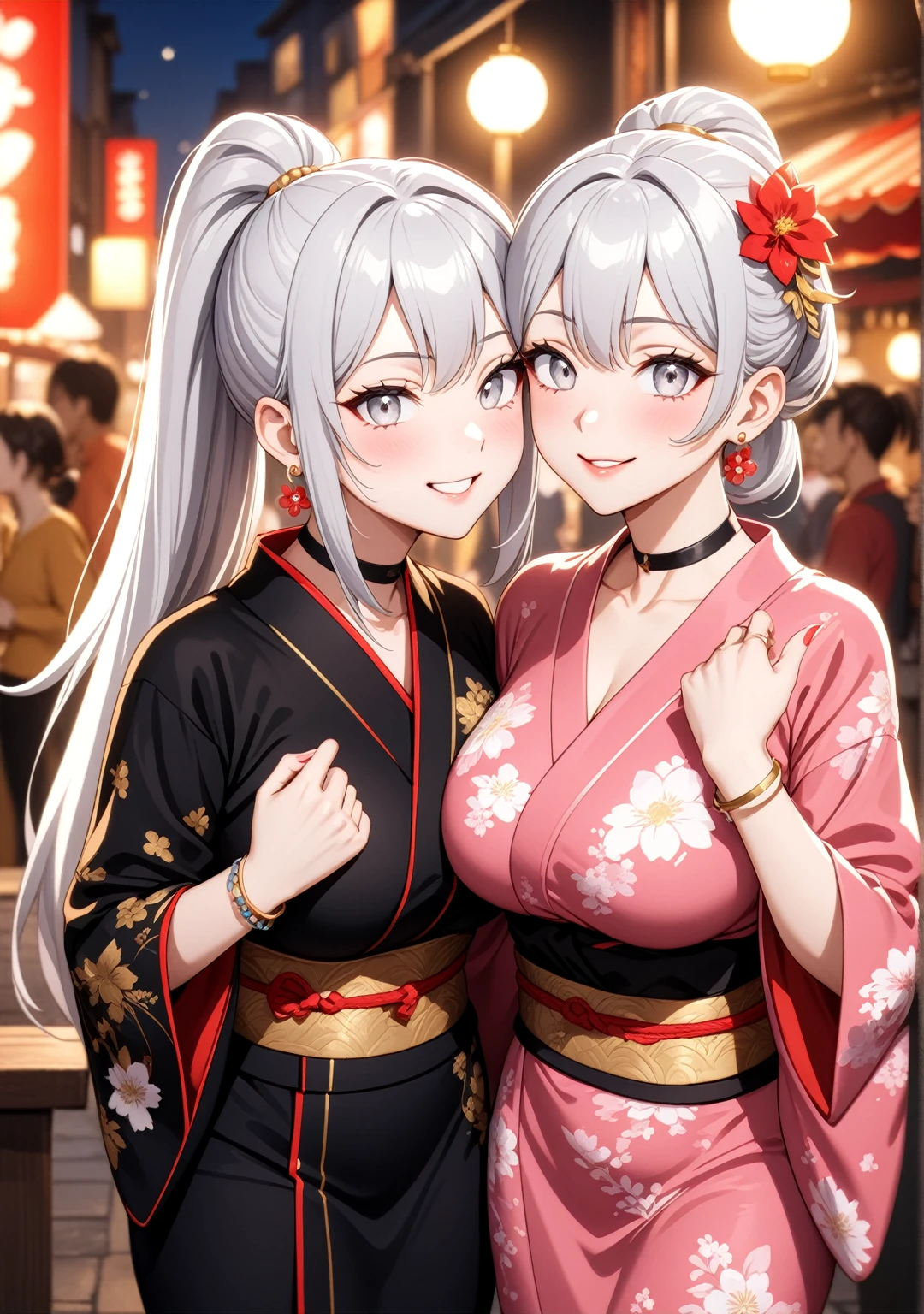 ((Two Women)), Beautiful Face, (Laughing embarrassedly), ((smirk)), ((Wink:1.8)),  ((kiss:1.3)), Laugh with your mouth wide open,((Bright red cheeks:1.4)),Shiny red lips, night,rooftop,Festivals, firework,Glossy pink lips,Facial lighting,((Anime style background)),masterpiece, Highest quality, so beautiful,up to date, Complex details, (4fingers and 1thumbs), (Pink long nails), (ring),(bracelet),(choker),AI-generated, Complex,High resolution, Highest quality, super high quality,3D Images、3D Images,One person,Long white hair in a high ponytail,(Pale eyes),  ((Fine grain、Silvery white eyes、Shining Eyes:1.4)), (Squint your eyes:1.1), Anime woman posing for a photo, a hyperRealistic , hyperRealistic , Realistic,Anime woman with long white hair, Smooth anime CG art, A woman in a colorful kimono with gold embroidery, (Black long sleeve kimono),(Pink long sleeve kimono), Red floral pattern,Long flower hair ornament,Earrings,Mature Body,(Big Breasts:1.1),Tall,Abdominal muscles,Narrow waist,(Zoom in on face:1.1), 