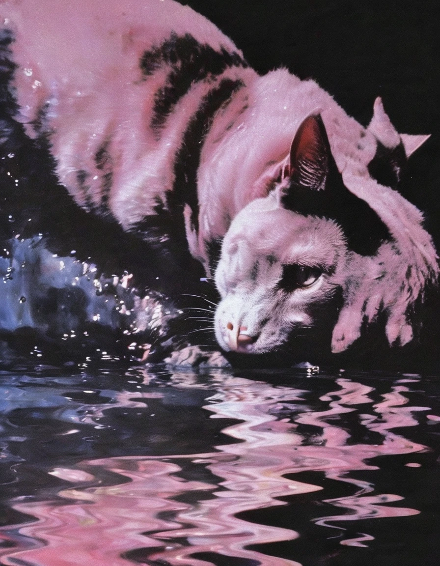 white cat in black water, pink sunset background