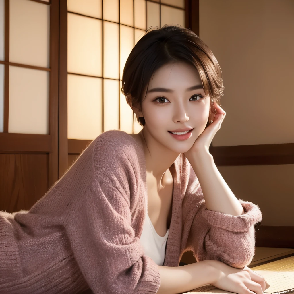 (Best Quality,16k,A high resolution,Masterpiece:1.2),ultra detailed,(beautiful japanese girl:1.3),big breasts:1.4,Short midi hair cut with light brown highlights, (realist,photorealistic,photorealistic:1.37),Korean fashion beauty,Japanese and Korean beauties,beautiful and innocent,detailed eyes and face,beautiful detailed lips,long eyelashes,natural eyebrows,Slimming,Fashion, big toothy smile, (beautiful,charming:1.1), vivid colors, fading lights,Casual clothes,at home