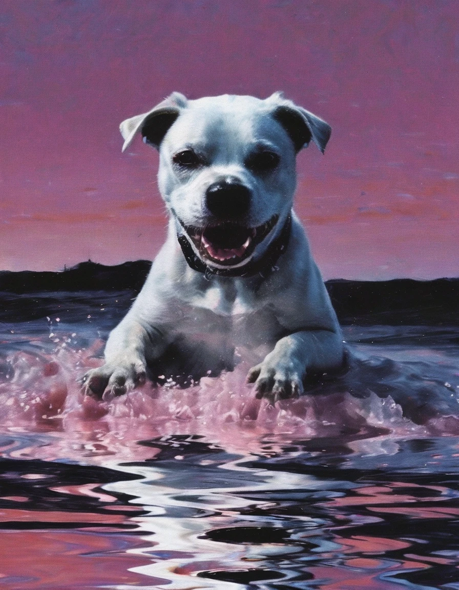 white funny cartoon character in water, pink sunset background