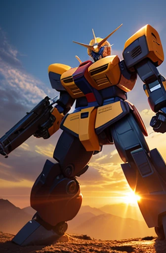 Highest quality、Fantasy、masterpiece、The whole body of a giant robot like Gundam、universe space、Body shining in the rays of the sun、Blue on white、red、Yellow coloring、Glossy body with exquisite details、knight'Helmet-like head、Well-proportioned limbs、knight'Large shield、Fight in space、Space War、Lunar craters visible in the distance