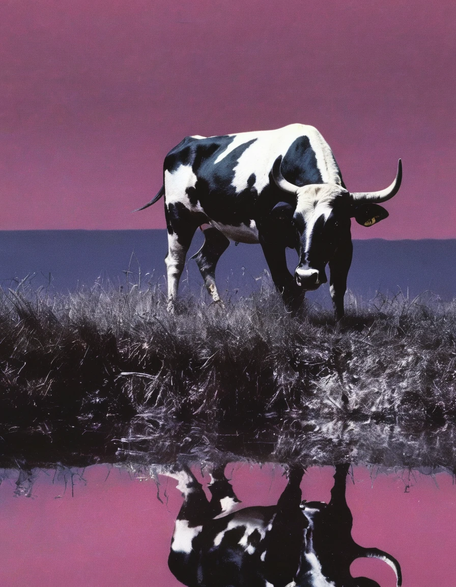 cow in water, pink sunset background