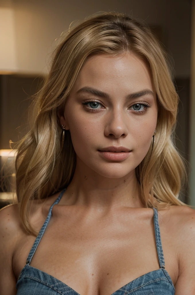 1 beautiful woman, european features, blonde hair, margot robbie lookalike, gorgeous figure, wearing watch, earrings, jeans, t-shirt, detailed face, detailed eyes, detailed lips, highly detailed portrait, photorealistic, 8k, hyperrealistic, dramatic lighting, warm color tones, cinematic composition