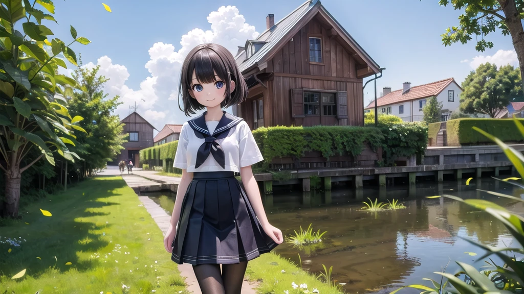 (masterpiece), town, blue sky, One Girl, smile, alone, Sailor suit、Long skirt, Overgrown, petal, plant、Skirt lining、Translucent slip、nostalgic、Black Pantyhose