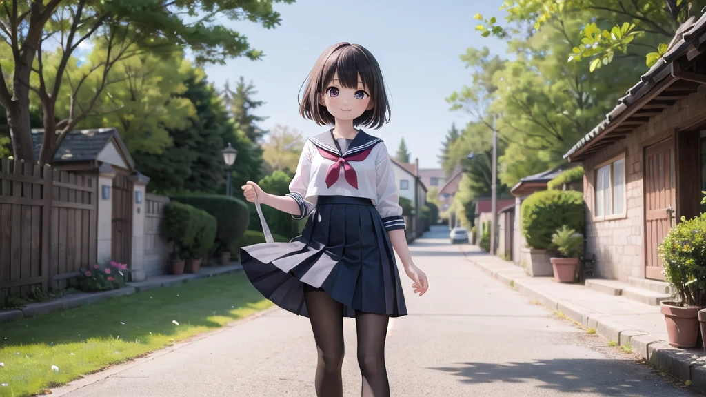 (masterpiece), town, blue sky, One Girl, smile, alone, Sailor suit、Long skirt, Overgrown, petal, plant、Skirt lining、Translucent slip、nostalgic、Black Pantyhose