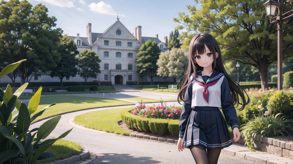 (masterpiece), town, blue sky, One Girl, smile, alone, Sailor suit、Long skirt, Overgrown, petal, plant、Skirt lining、Translucent slip、nostalgic、Black Pantyhose