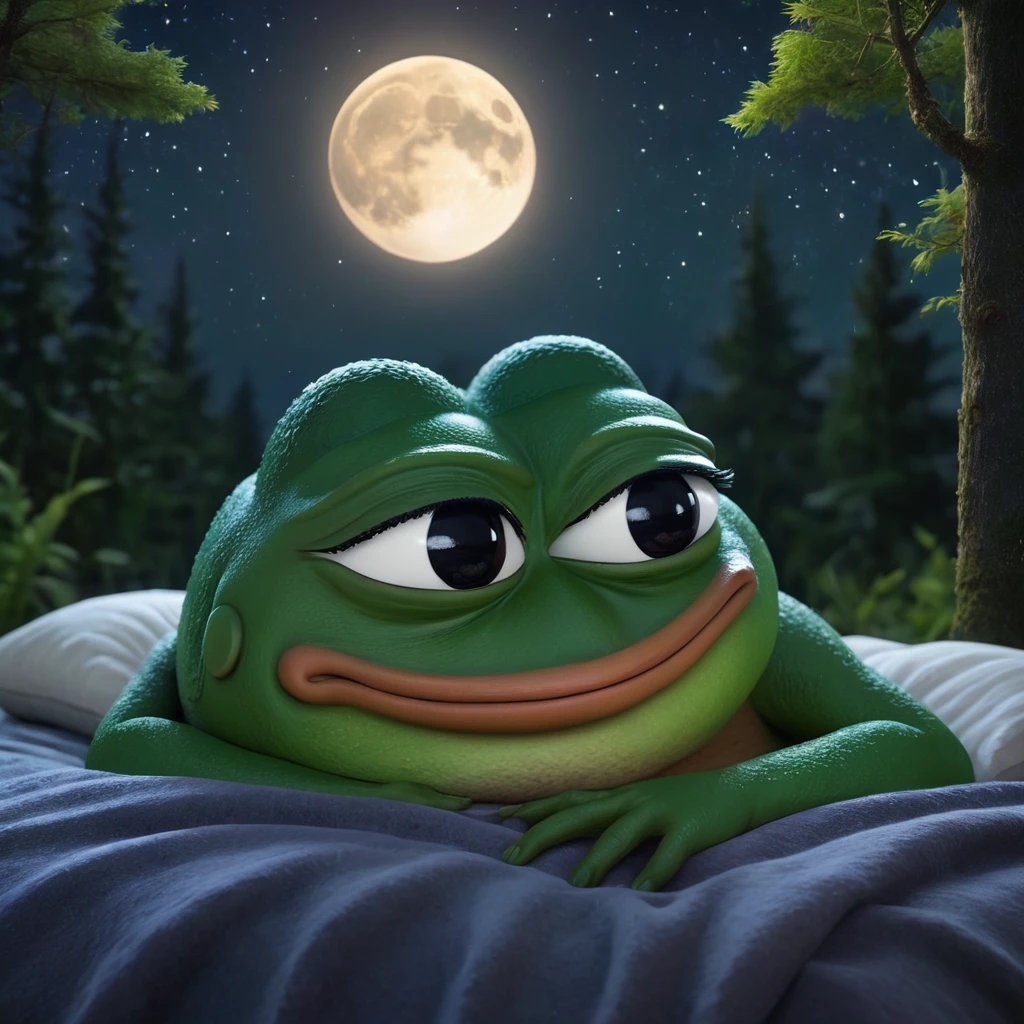 a cute pepe the frog, sleeping peacefully after a long hard day, mystical night sky, glowing moon, serene forest background, soft warm lighting, detailed texture, 8k, photorealistic, highly detailed, masterpiece