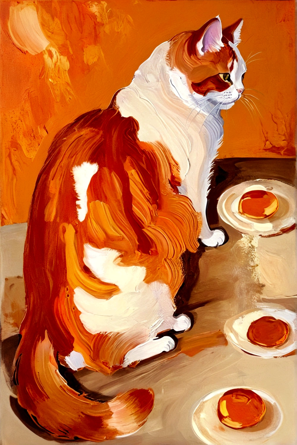Fat Cat，whole body，bright，Orange cat，Walking on the table cabinet，vanilla，cream，whiskey，Abstract Art，emotion，emotion，Thick Texture Paint