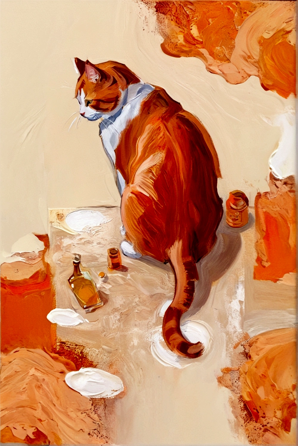 Fat Cat,whole body,bright,Orange cat,Walking on the table cabinet,vanilla,cream,whiskey,Abstract Art,emotion,emotion,Thick Texture Paint