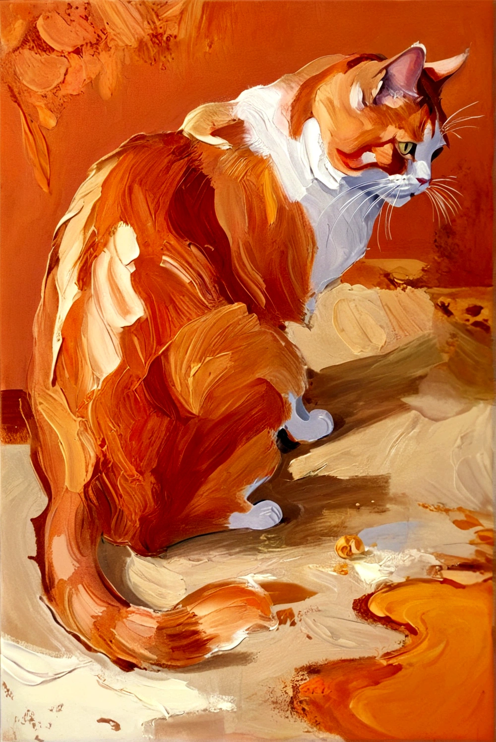Fat Cat,whole body,bright,Orange cat,Walking on the table cabinet,vanilla,cream,whiskey,Abstract Art,emotion,emotion,Thick Texture Paint