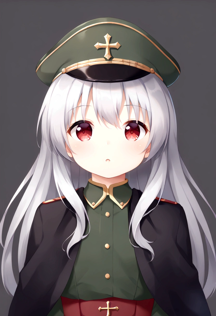 1 Girl, Head up and cross waist, Long hair, Silver hair, Red eyes, front,  WWII black military cap, Black shawl, Handsome, portrait