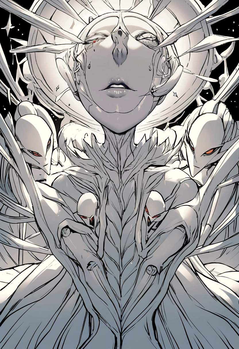 Two androids are having sex and one of them ejaculates.、The other eye becomes completely white and stops functioning.