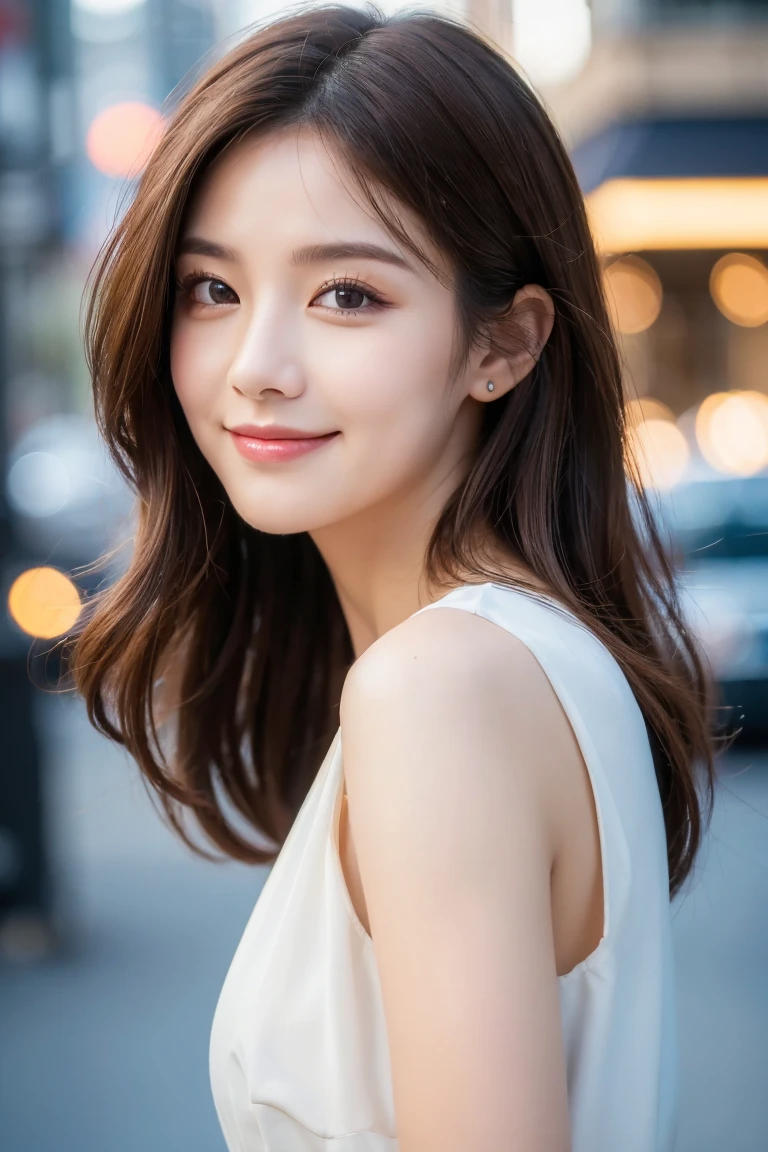 ((Highest quality, 8K, masterpiece :1.3)), 1, smile, whole body, Face thinning, Beautiful woman, (Dark brown hair), :1.1, Highly detailed face, Delicate eyes, double eyelid, Blurred Background, Face thinning, city, External, street,